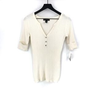 NWT INC International Concepts 1/2 Sleeve Ribbed V Neck Sweater Ivory S